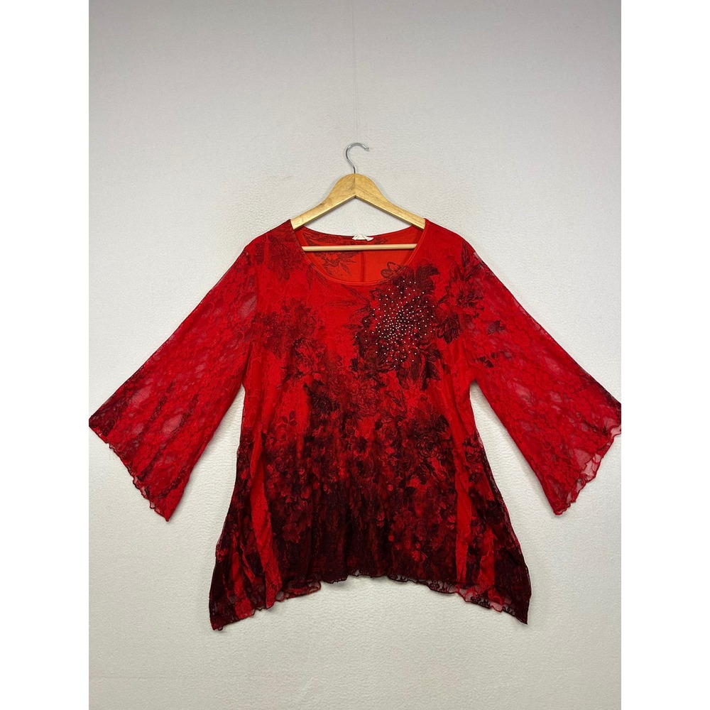Gothic Romantic Brittany Black Womens XL Red Black Lace Ombre Bell Sleeve Tunic